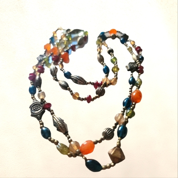 Wrap Necklace Glass Faceted Beads Metal Beads Blues Earth Tones Crystal - Picture 2 of 3